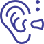 Hearing Aid Icon 2 2D purple ear with a hearing aid and bubbles rising signifying sound