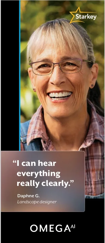 A man walking across a bridge with a hearing aid in front